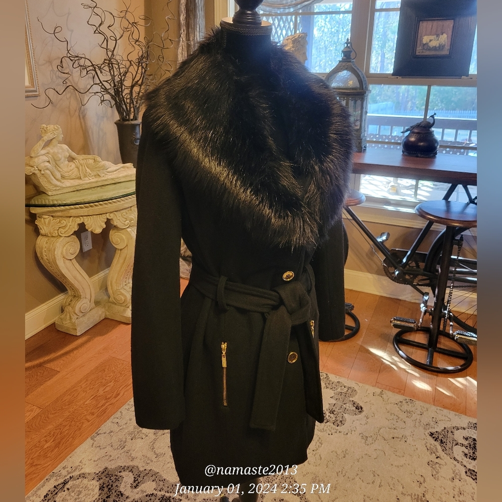 Guess Wool Blend Faux Fur Collar Pea Coat Luxury Designer Jacket Winter #677 - Picture 3 of 15